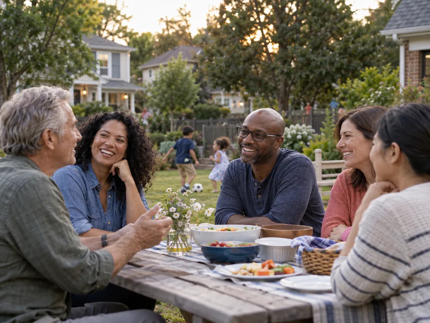 Neighbors talking together at an outdoor gathering